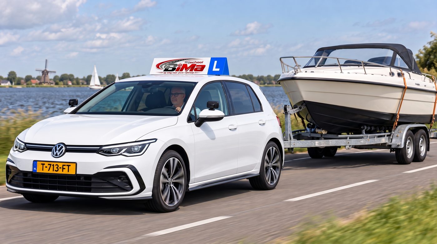 Lesauto van Rijschool BiMa met een boot op de aanhanger